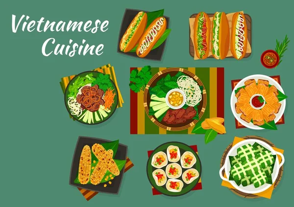 Vietnamesische Gerichte Der Asiatischen Küche Mit Vektorgemüse Fleisch Und Fischsandwiches — Stockvektor