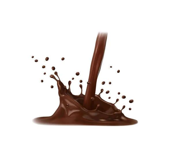 巧克力 咖啡牛奶和可可病媒流与冠溅和滴 分离的3D倒酒 热可可 融化的巧克力或奶油摇动甜点波与下降的甜食片 — 图库矢量图片
