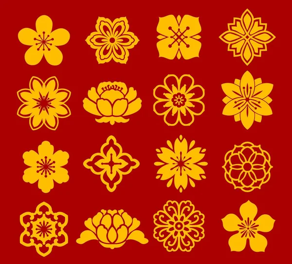 Asian Floral Chinese Japanese Korean Flower Patterns Vector Oriental Red — Stock Vector