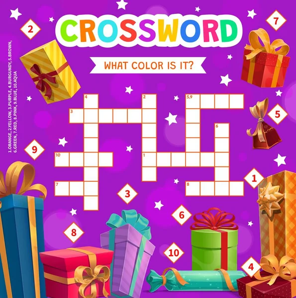 Christmas and birthday holiday gifts and presents, vector crossword puzzle worksheet. Find a word quiz game or cross word riddle to guess colors of Xmas or new year and birthday gifts in wrappers