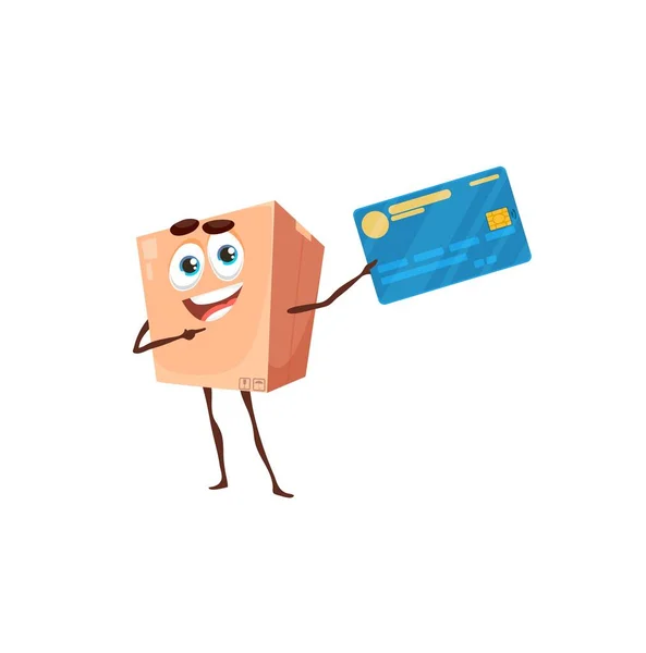 Pago Entrega Paquete Dibujos Animados Con Tarjeta Crédito Personaje Cartón — Vector de stock