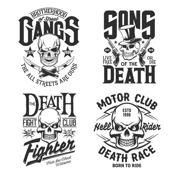 Skull, motorcycle biker custom races shirt prints, vector street fighters club emblems. Skull with fire flames, guns and knives signs for hell moto riders and motorcycle racers gang or bikers club