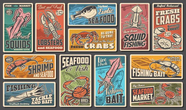 Морепродукты и векторные ретро-баннеры. Рыба фугу, кальмар и краб с креветками и каракатицей экзотический ресторан или рыбный рынок производства. Набор винтажных карт для подводной ловли