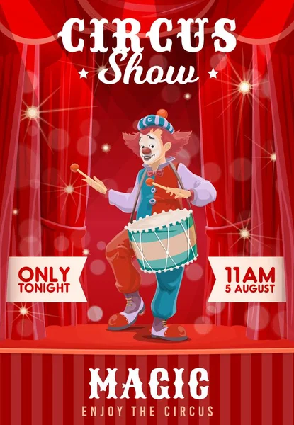 Shapito Circus Poster Met Cartoon Drummer Clown Kermis Carnaval Vector — Stockvector