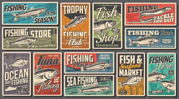 Havsfiskeklubb Fiskebutik Och Marknadsretro Affischer Makrill Sardin Och Tonfisk Torsk — Stock vektor