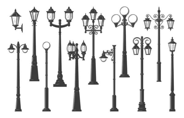 孤立街路灯 街灯やランプポスト ベクトルヴィンテージライトランタンやランプポスト レトロな街路灯柱とランタンポール ガスや古い電球と都市照明ランプポスト — ストックベクタ