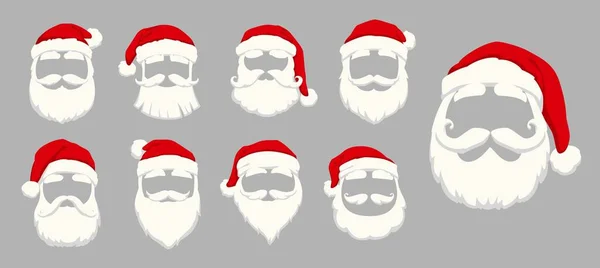 写真ブース ベクトルの顔のための漫画の帽子 口ひげとひげのクリスマスサンタのマスク Xmas休日隔離された顔マスクのためにサンタの面白い自叙伝効果またはビデオチャット顔フィルター — ストックベクタ