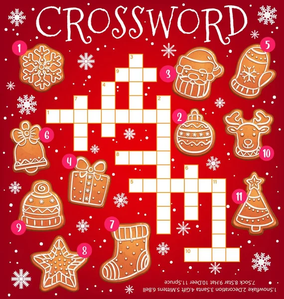 クリスマスジンジャーブレッドクッキーベクトルクロスワードワークシートや単語クイズゲームを見つける クリスマスツリー 雪の結晶 サンタとギフトボックスの形でクリスマスジンジャーブレッドのクロスワードグリッドパズル ストッキング — ストックベクタ