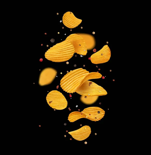 Falling Crispy Ripple Potato Chips Spices Herbs Black Background Realistic — Stock Vector