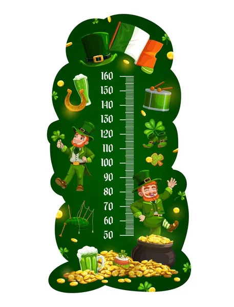 子供の高さチャート漫画Leprechans成長メートル 面白い文字 アイルランドと子供の高さの測定のための金のベクトル壁のステッカーが付いているポット聖パトリックの日のおとぎ話の登場人物とスケール — ストックベクタ
