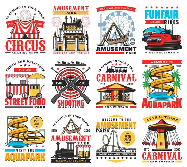 Iconos Parques Atracciones Atracciones Carnaval Carruseles Circo Muestran Vector Familia — Archivo Imágenes Vectoriales