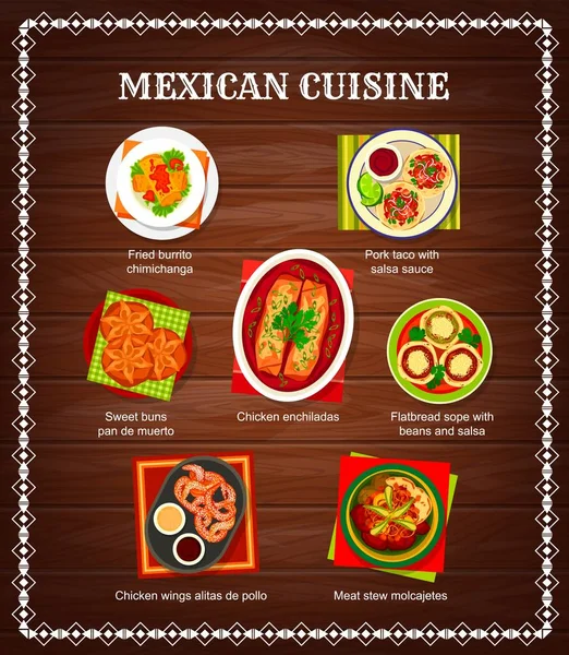 Mexican Food Menu Mexico Cuisine Dishes Salsa Tacos Burritos Vector — Stock Vector