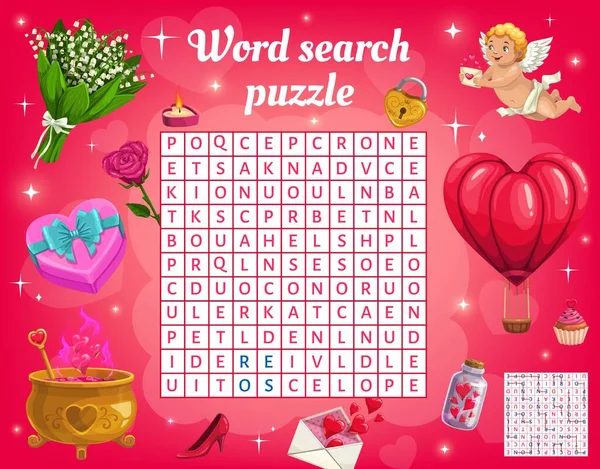 Word Search Puzzle Jeu Vectoriel Feuille Calcul Avec Valentine Vacances — Image vectorielle