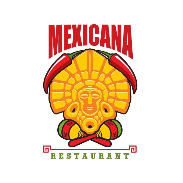 墨西哥餐厅图标 矢量标志与Jalapeno红色辣椒 阿兹特克黄金面具和马德拉 墨西哥的卡通传统符号 拉丁咖啡店菜单或标牌的独立设计元素 — 图库矢量图片
