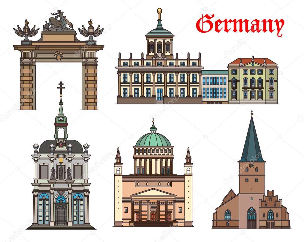 Germany churches and cathedrals, Potsdam and Bonn architecture and travel landmarks, vector. Potsdamer Stadttor or Jagertor, St. Remigius church in Bonn, Nikolaikirche in Potsdam and Kreuzbergkapelle