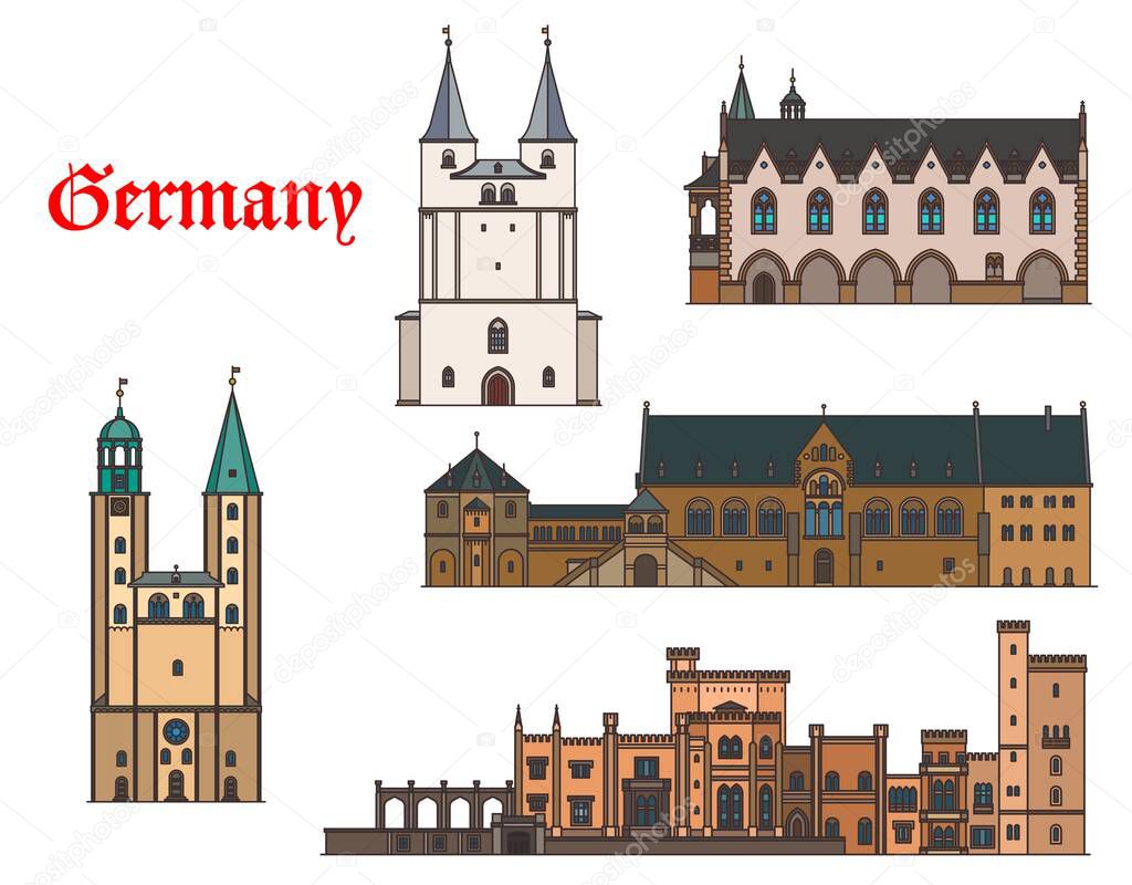 Germany architecture buildings of Potsdam and Goslar, travel vector landmarks. Babelsberg Schloss Palace in Potsdam, Marktkirche of St Cosmas and Damian and Kaiserpfalz Imperial Palace in Germany