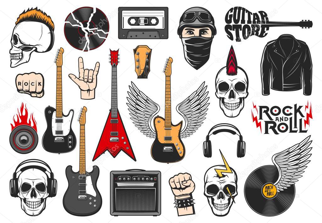 Rock music isolated vector icons of rock and roll, heavy and grunge metal guitars, loudspeaker and headphones. Rocker skulls with mohawk, lightnings and fire flame, vinyl record and audio cassette