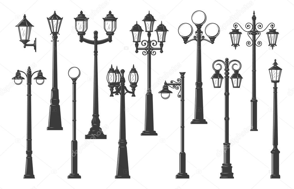 Isolated streetlight, streetlamps and lampposts, vector vintage light lanterns and lamp posts. Retro street light pillars and lantern poles, city illumination lampposts with gas or old light bulbs