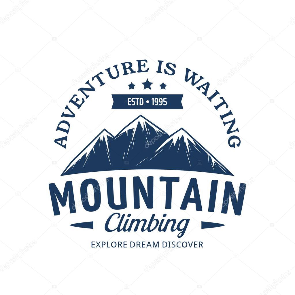 Mountain climbing icon, expedition, rock adventure vector emblem with snowy peaks. Steep rocky hills and mountain crest nature landscape for outdoor extreme sport club and travel isolated label design