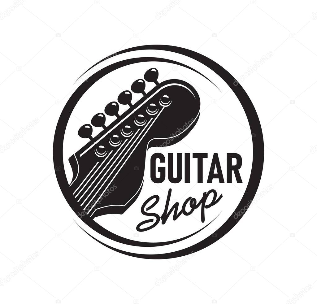 Guitar shop icon, acoustic musical guitar retro vector sign. Musician instruments store with rock or pop band and concert guitars as bass or telecaster fender for jazz or live music performance