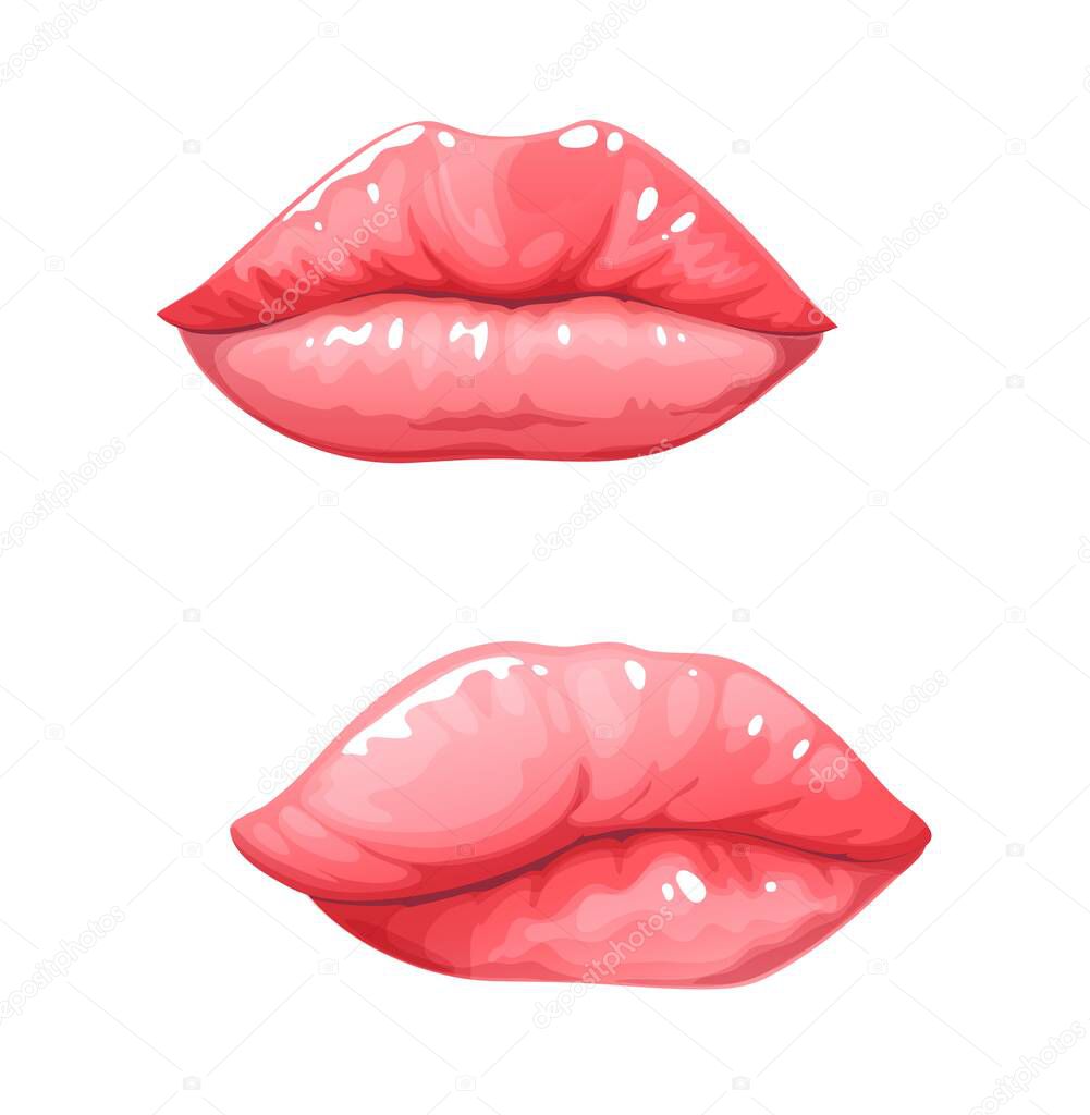 Edema or angioedema, medical swelling of lips, lipedema, disease of face or skin. Vector edema urticaria or lipedema of lips form allergenic drugs or virus infection and female hormonal reaction