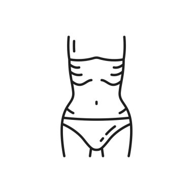 Ağırlık kontrol taslak ikonu, zayıf kadın bel ince çizgi resimtogram. Bulimia, iştahsızlık veya yeme bozuklukları problem vektör piktogramı. Sağlıklı beslenme ve diyet simgesi veya ağırlık kontrol sembolü