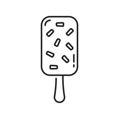 Çubuğun üzerinde çikolata kaplı dondurma. Karamel parçacıkları izole edilmiş taslak ikon. Kakao soslu, lezzetli dondurmalı, ince çizgili. Serinletici yaz yemekleri, şekerli dondurmalı dondurma.