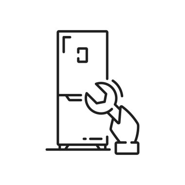 Buzdolabı tamiri, ingiliz anahtarı, izole edilmiş dış hat ikonu. Vektör buzdolabı ve tamir unsuru. Ev aletleri, dondurucu ve soğutma sistemi onarımı ayarlanabilir ingiliz anahtarı, yoğunlaştırıcı değiştirme