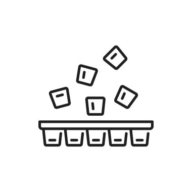 Buz küpü plastik kap izole edilmiş dış hat simgesi. Vektör buzdolabı ya da buz küpü tepsisi. Mutfak gereçleri, mobil konsept ve web uygulamaları. Uçan kare buz küpleri, ferahlatıcı içecekler.