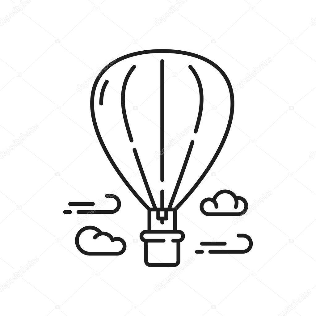 Hot air balloon flying in clouds isolated outline icon. Vector sky with aerostate, leisure sport activity. Amusement park playground funfair entertainment, flights on air balloon, parcel on parachute