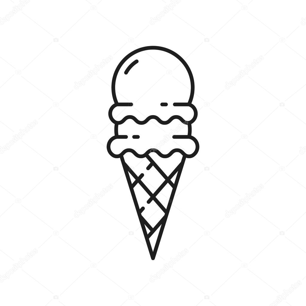Pistachio icecream in waffle cone isolated outline linear icon. Vector gelato or sundae ice cream, ice ball in wafer, cold refreshing summer dessert. Sweet frozen ice-cream scoop, fastfood snack