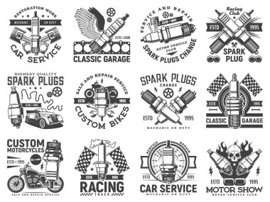 Garaj özel motor simgeleri, motosiklet ve araba yarışları, vektör mekanik servis amblemleri. Otomobil ve motorlar, yarış kulübü ve retro motorlar için özel tamirat ve restorasyon hizmeti