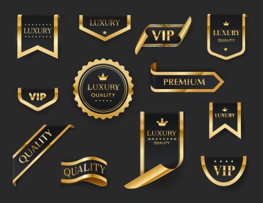 Lüks, VIP, altın etiketler, kurdeleler, rozetler ve çıkartmalar. Kraliyet tacı, yıldız ve parlak metal çerçeve kenarlı özel kaliteli ürünlerin altın ve siyah izole vektör işaretleri