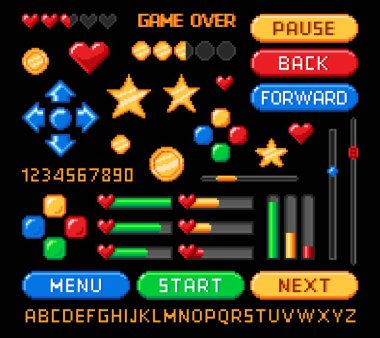 Piksel sanatı 8bit oyun arayüzü, retro tuşlar ve yükleme çubukları, derecelendirme ve sağlık vektör simgeleri. Video atari UI ve seviye oklu menü için 8 bit piksel oyunu varlığı, duraklat ve başlat düğmeleri