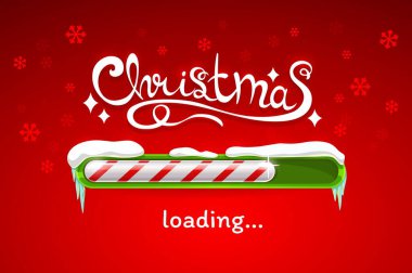 Kırmızı zemin üzerinde kar ve buz saçakları olan kar taneleriyle kaplı Xmas şeker çubuğunun Noel yükleme süreci çubuğu. Gerçekçi şeker kamışı statü çubuğu kış tatili, Noel geri sayımı