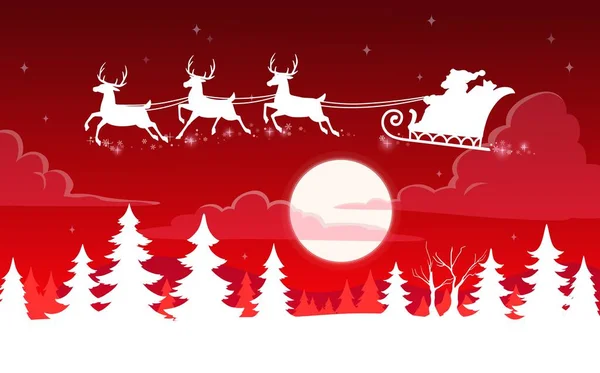 Christmas Santa Sleigh Night Moon Sky Vector Silhouettes Xmas Reindeer — 图库矢量图片