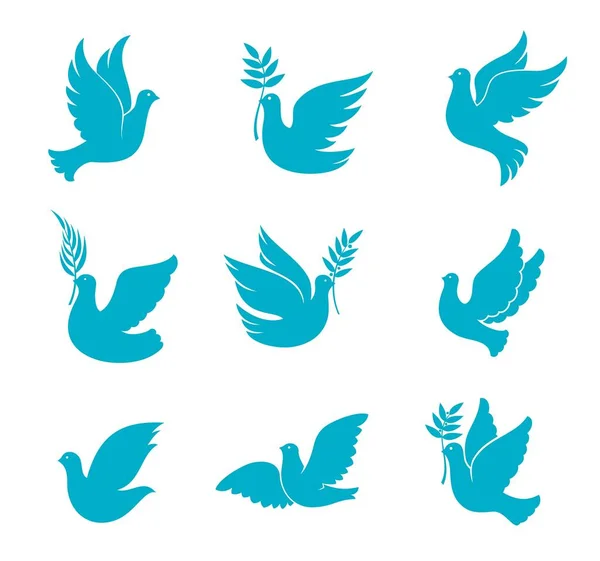 Christmas Dove Silhouettes Isolated Vector Blue Pigeon Birds Olive Palm — Stock Vector