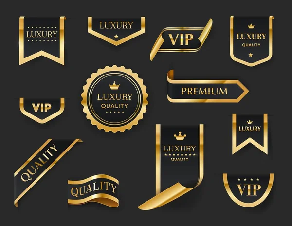 Luxury Vip Premium Golden Labels Ribbons Badges Stickers Gold Black — Stock Vector