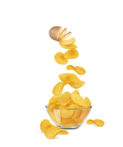 Realistic Potato Slices Turning Ripple Chips Glass Bowl Isolated Vector — Stock Vector