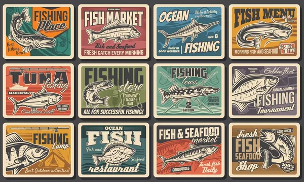 Fiske Fiskfångstturnering Och Fisketurer Vektor Retro Affischer Fisk Och Skaldjursrestaurang — Stock vektor