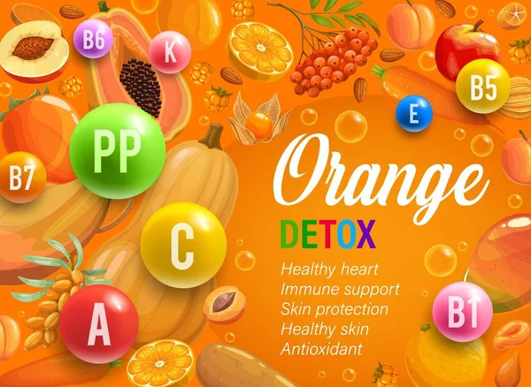 デトックスプログラムのための色虹の食事療法のオレンジの日 ベクトル健康食品 健康と免疫サポートのためのオレンジダイエット抗酸化物質の有機栄養ビタミンとマルチビタミンの利点 — ストックベクタ