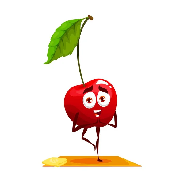 Cartoon Cherry Berry Fruit Character Yoga Pose Vector Funny Personage — Stock Vector