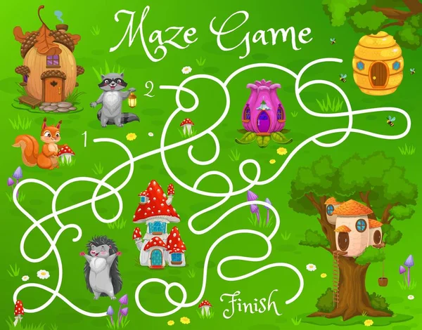 Kids Labyrinth Maze Game Squirrel Raccoon Hedgehog Vector Cartoon Fairytale — 图库矢量图片