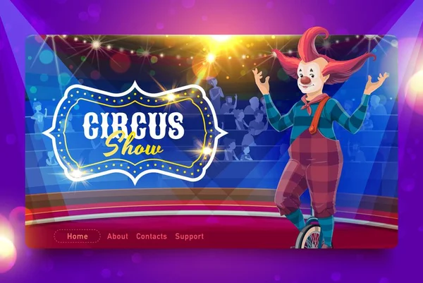 Shapito Circus Landing Page Met Cartoon Clown Eenwieler Circus Podium — Stockvector