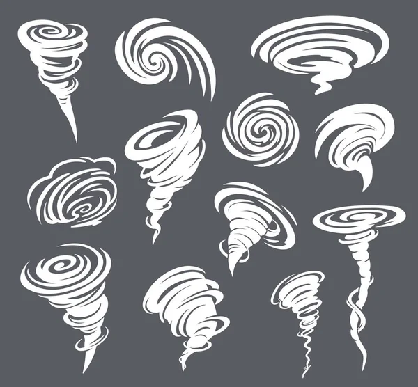 漫画竜巻 ハリケーンやツイスター サイクロン 嵐や渦 孤立したベクトル竜巻と台風 竜巻の白い渦 嵐の風と雲の渦 自然災害のテーマ — ストックベクタ