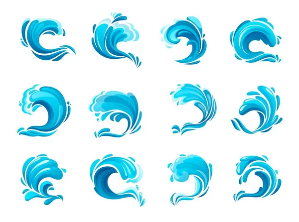 Tsunami Ocean Wave Icons Isolated Blue Storm Sea Waves Surfs — Stock Vector