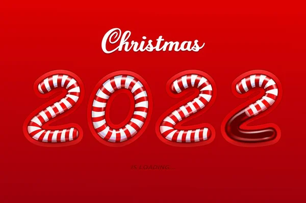 クリスマスはXmasのキャンディーの缶で満たされた新しい年2022の数の形でベクトルの進行状況バーをロードします 赤い白いクリスマスのお菓子で作られた現実的な数字 クリスマス休暇来るのカウントダウンステータスバー — ストックベクタ