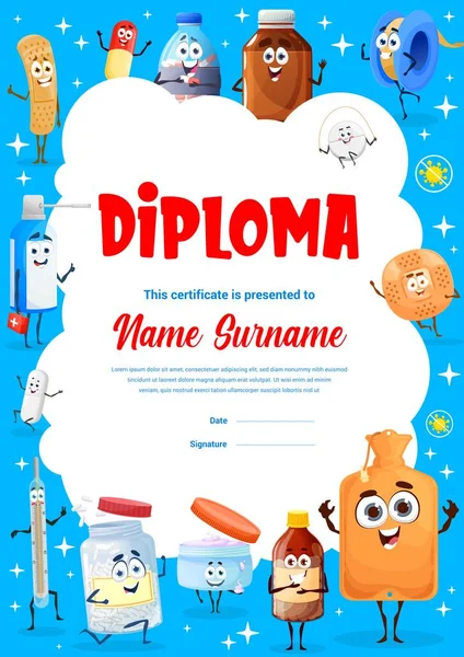 Kids Vertical Diploma Cartoon Drugs Pills Medication Characters Vector Kindergarten — 图库矢量图片