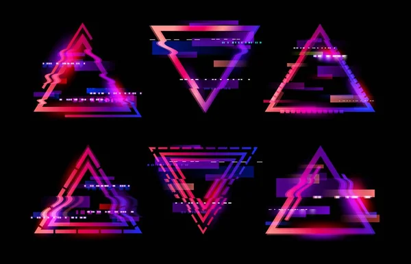 Neon Glitched Dreiecksrahmen Abstrakte Verzerrte Digitale Technologie Vektor Hintergrund Störeffekt — Stockvektor