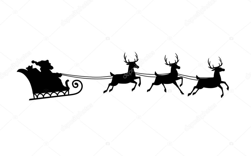 Christmas Santa sleigh silhouette with isolated vector black reindeers, Santa Claus and flying sledge, Xmas gift bag and present boxes. Merry Christmas and Happy winter holidays greeting card